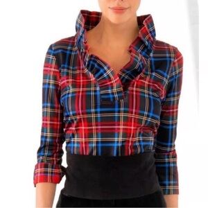 Gretchen Scott Designs Plaid Blouse JERSEY RUFFNECK TOP - DUKE OF YORK